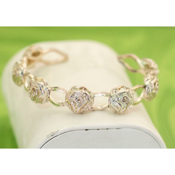 Vintage Elven Sterling Silver Roses Cuff Bracelet 7 inch - W17 - Picture 2 of 3